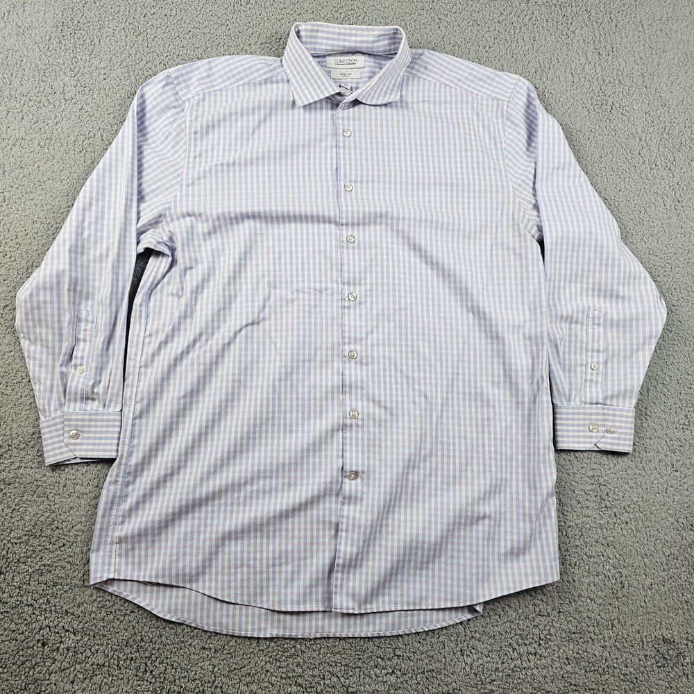 Collection Michael Strahan Shirt Mens 18 34/35 B;ue Pink Check Gingham Stretch